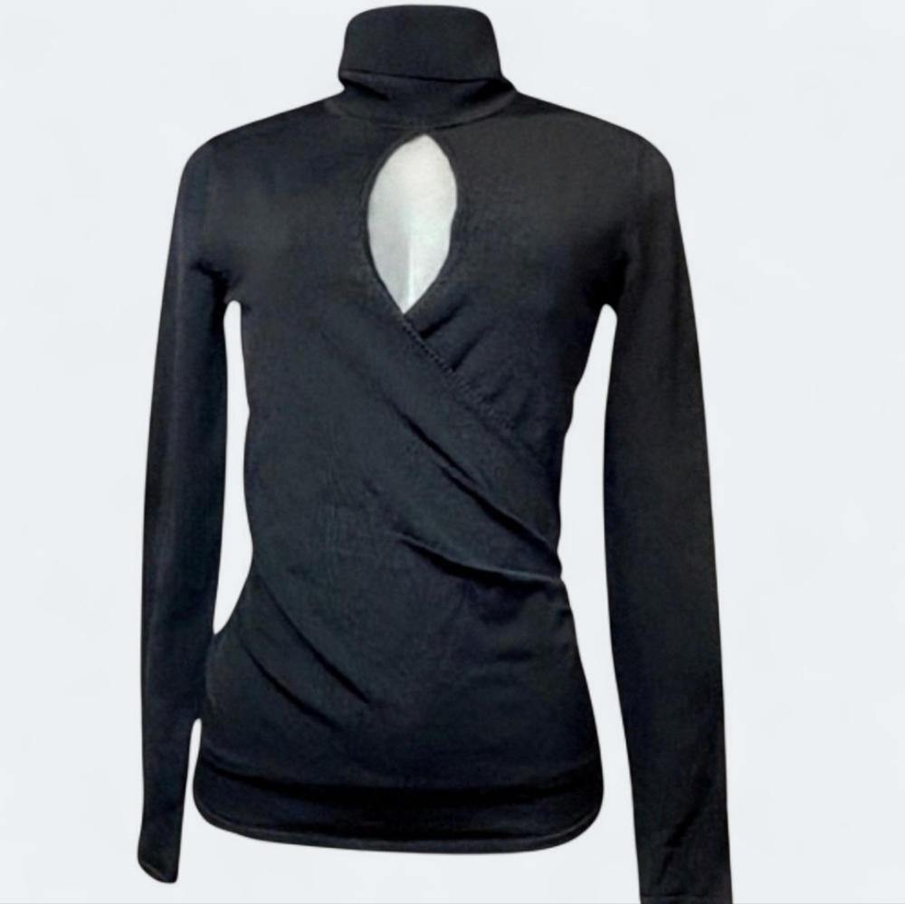 Vintage Cache Faux Wrap LS Ribbed Fitted Bodycon Turtleneck Keyhole - Picture 2 of 6